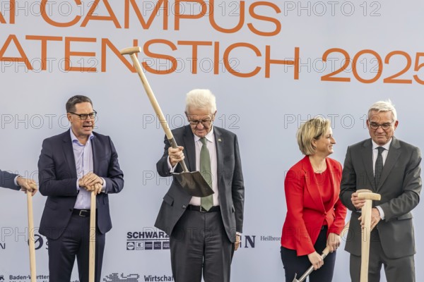 Ground-breaking ceremony ceremony for the Innovation Park for Artificial Intelligence (IPAI) in Heilbronn. From left Gerd Chrzanowski (CEO, Schwarz Group), Winfried Kretschmann, Dr. Nicole Hoffmeister-Kraut (Minister of Economics BW), Thomas Strobl (Minister of Interior and Deputy Minister of the Interior and Deputy. MP BW) . Heilbronn, Baden-Württemberg, Germany