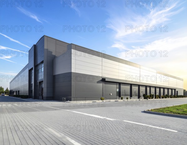 Modern supermarket building exterior against blue sky, Inviting white facade, some clouds, concept of shopping and consume, AI generated