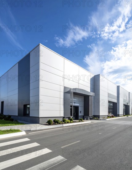 Modern supermarket building exterior against blue sky, Inviting white facade, some clouds, concept of shopping and consume, AI generated