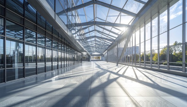 Modern architectural framework with glass and steel structure, glass facade with a greed of steel arrows, blue sky with a soft golden light of a sunrise, AI generated