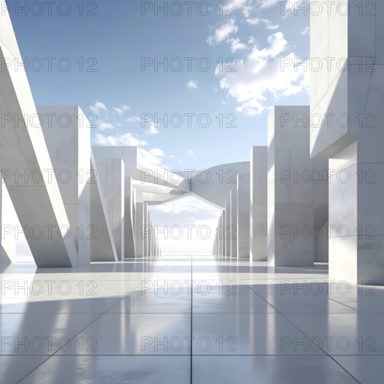 3d illustration of abstract modern architecture background, Minimal geometry architectural design, futuristic car presentation backdrop with empty concrete floor and clear simple lines, white and grey color tones, AI generated