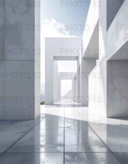3d illustration of abstract modern architecture background, Minimal geometry architectural design, futuristic car presentation backdrop with empty concrete floor and clear simple lines, white and grey color tones, AI generated