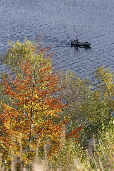 Fishing boat, Biggesee bei Sondern, Olpe, Sauerland, North Rhine-Westphalia, Germany