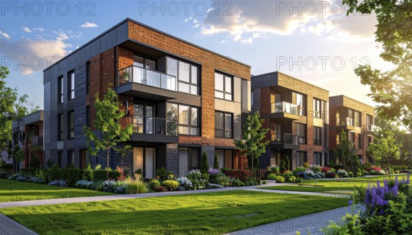 Modern apartment building with balconies and well-kept landscaping at sunset, Modern multifamily housing property with brick, siding facade features balconies, manicured lawns. Contemporary residential buildings offer urban living spaces, condominium options in scenic town, blue sky with a colorful sunrise, AI gererated, AI generated