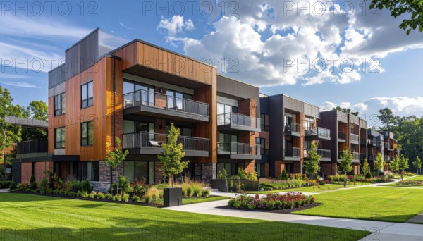 Modern apartment building with balconies and well-kept landscaping at sunset, Modern multifamily housing property with brick, siding facade features balconies, manicured lawns. Contemporary residential buildings offer urban living spaces, condominium options in scenic town, blue sky with a colorful sunrise, AI gererated, AI generated