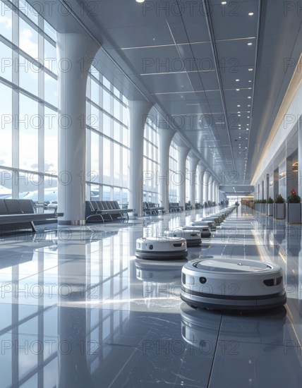 Autonomous cleaning roboter at modern airport terminal, showcasing advanced technology, daylight in the hall, the future of autonomous cleaning industry, AI generated