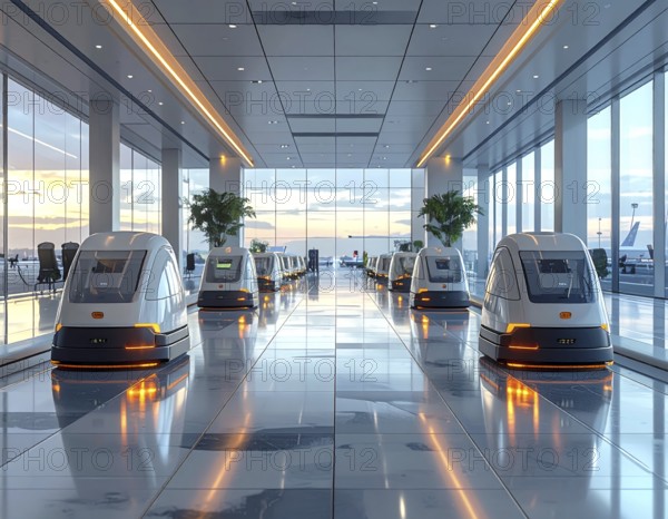 Autonomous cleaning roboter at modern airport terminal, showcasing advanced technology, daylight in the hall, the future of autonomous cleaning industry, AI generated