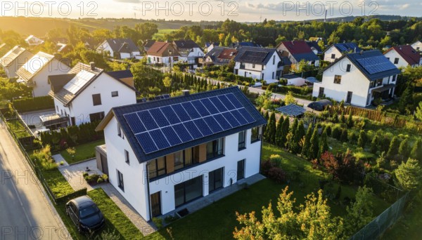 Aerial view showcases modern houses with solar panels and green roofs in a suburban setting, vibrant sunrise with blue sky, AI generated