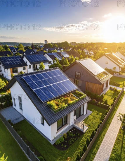 Aerial view showcases modern houses with solar panels and green roofs in a suburban setting, vibrant sunrise with blue sky, AI generated