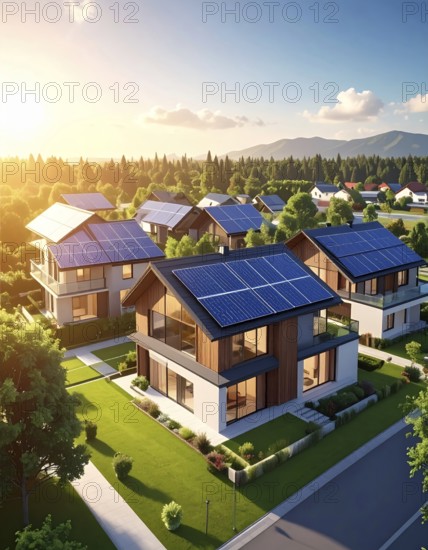 Aerial view showcases modern houses with solar panels and green roofs in a suburban setting, vibrant sunrise with blue sky, AI generated