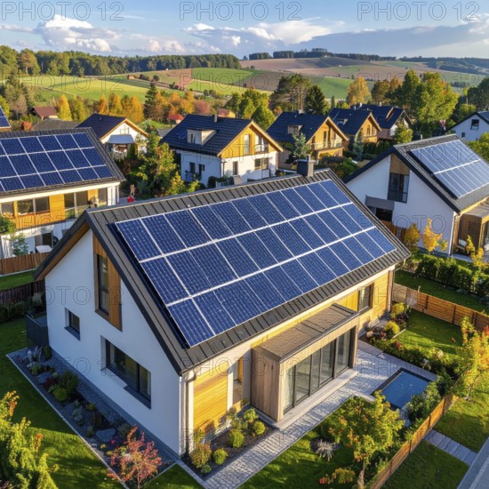 Aerial view showcases modern houses with solar panels and green roofs in a suburban setting, vibrant sunrise with blue sky, AI generated