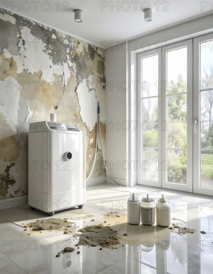 A specialized dehumidifier operates in a mold-infested room following water damage, Shell construction at construction site, AI generated