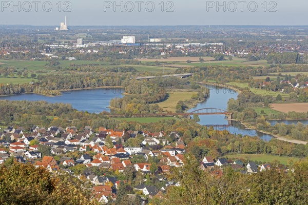 View of Weser and Porta Westfalica from the Kaiser Wilhelm Memorial, North Rhine-Westphalia, Germany