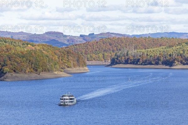 Excursion boat, Biggesee near Sondern, Olpe, Sauerland, North Rhine-Westphalia, Germany