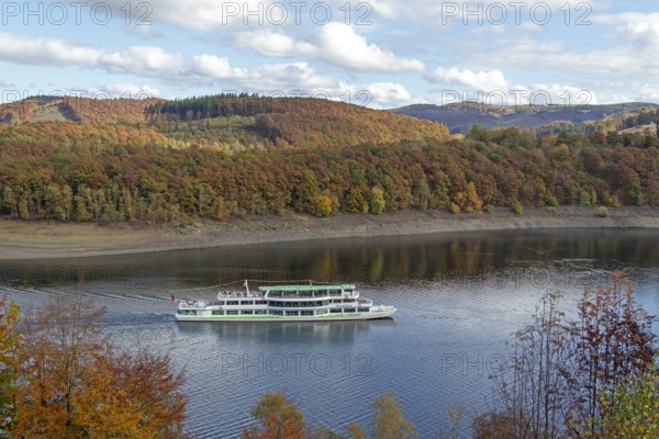 Excursion boat, Biggesee near Sondern, Olpe, Sauerland, North Rhine-Westphalia, Germany