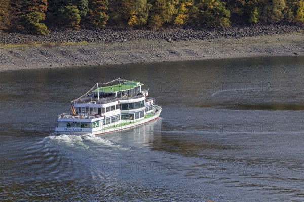 Excursion boat, Biggesee near Sondern, Olpe, Sauerland, North Rhine-Westphalia, Germany