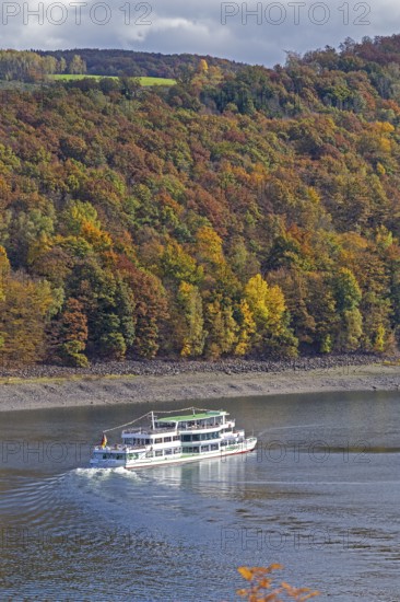 Excursion boat, Biggesee near Sondern, Olpe, Sauerland, North Rhine-Westphalia, Germany