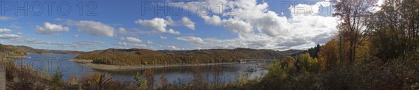 Panoramic picture, Biggesee near Sondern, Olpe, Sauerland, North Rhine-Westphalia, Germany