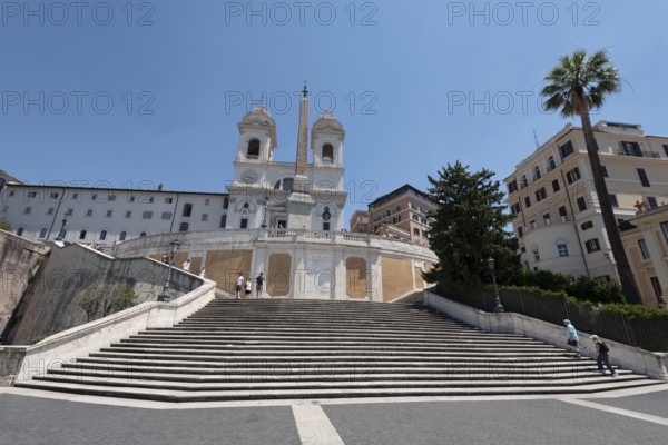 Spanish Steps, Trinità dei Monti church with double tower and obelisks in the middle, Rome, Italy