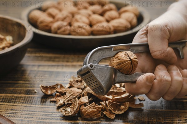 A person is cracking open a walnut using a metal nutcracker. Shelled walnut pieces and empty shells are scattered on a rustic wooden table with more walnuts nearby in a bowl