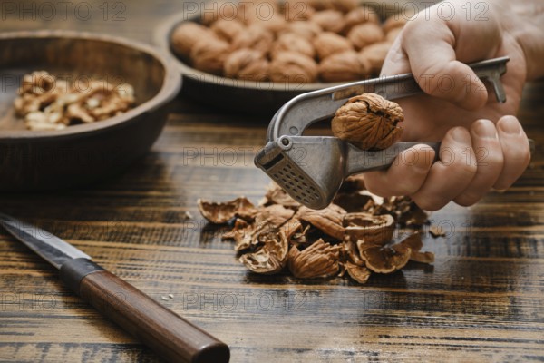 A person uses a nutcracker to open a walnut in a kitchen. There are bowls filled with walnuts shells on a tabletop
