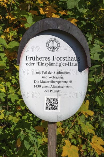 Information board in front of a historic, former forester's lodge, Lauf an der Pegnitz, Middle Franconia, Bavaria, Germany