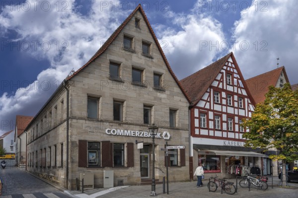 Historic residential and commercial building, built in 1869, conversion 1972, today Commerzbank, Marktplatz 12, Lauf an der Pegnitz, Middle Franconia, Bavaria, Germany