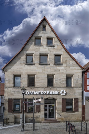 Historic residential and commercial building, built in 1869, renovation 1972, today Commerzbank, Markplatz 12, Lauf an der Pegnitz, Middle Franconia, Bavaria, Germany