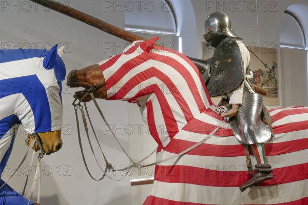 Knight in knight armor on horse, armory, interior view, Ambras Castle, Innsbruck, Tyrol, Austria