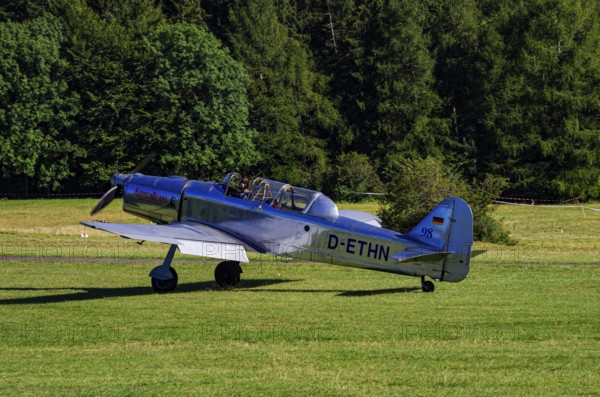 A Pilatus P-2 from Pilatus Flugzeugwerke AG with registration D-ETHN during a flight demonstration as part of an air show on Rossfeld in Metzingen-Glems, Baden-Württemberg, Germany, for editorial use only