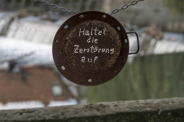 Warning on the destruction of nature, Lauf an der Pegnitz, Middle Franconia, Bavaria, Germany