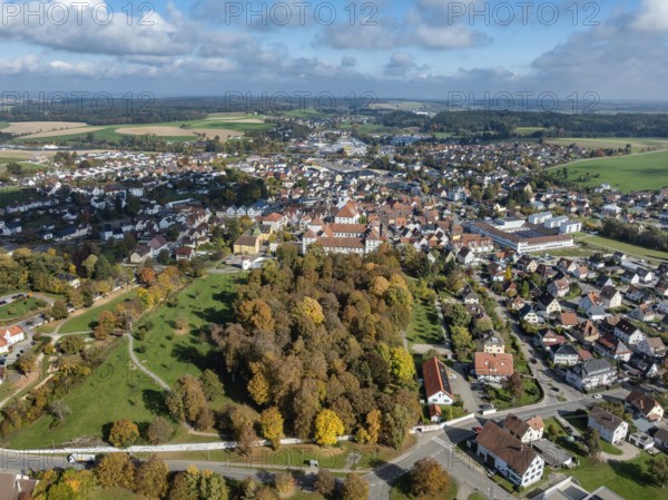 Aerial view, panorama of the city of Messkirch with Messkirch Castle and Castle of the Counts of Zimmern, Sigmaringen district, Baden-Württemberg, Germany