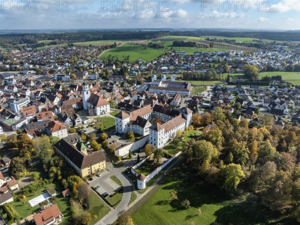 Aerial view of the city of Messkirch with Messkirch Castle and Castle of the Counts of Zimmern, Sigmaringen district, Baden-Württemberg, Germany