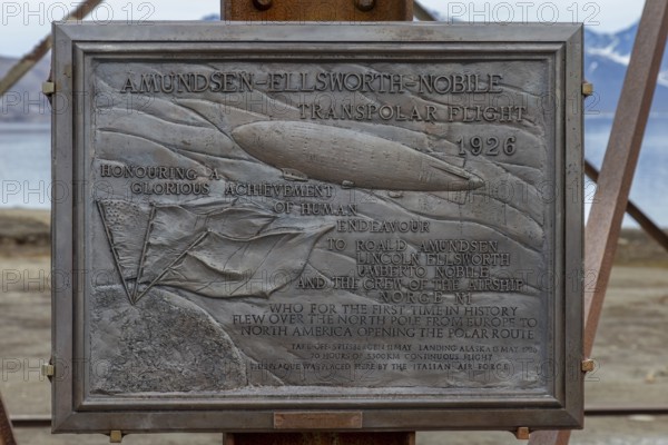Commemoration plaque for Amundsen-Ellsworth 1926 Transpolar Flight at Ny-Alesund, Oscar II Land, Kongsfjorden, Svalbard, Spitsbergen, Norway