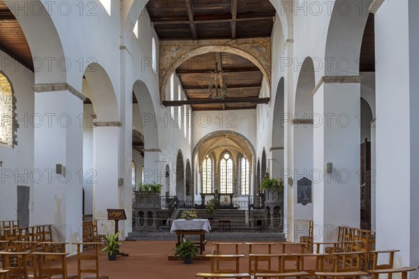 Interior of 11th century Abbey Church of St Peter, Église abbatiale Saint-Pierre d'Hastière, Hastière-par-delà, province of Namur, Wallonia, Belgium