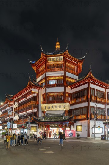 Yuyuan Tourist Mart, formerly Yuyuan Shopping Mall in the Old Street illuminated at night in the Huangpu District in the city Shanghai, China