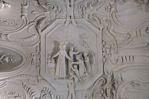 17th century stucco by Jan Hansche on library ceiling of the Park Abbey, Premonstratensian abbey at Heverlee near Leuven in Flemish Brabant, Belgium