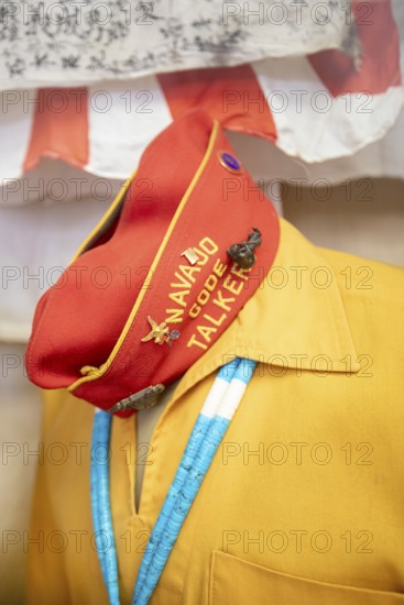 Kayenta, Arizona - A Navajo Code Talker's cap, part of a Code Talkers display inside a Burger King restaurant on the Navajo Nation. The U.S. military used Navajo men to transmit messages in their language during World War II. The restaurant is owned by the son of an original Code Talker
