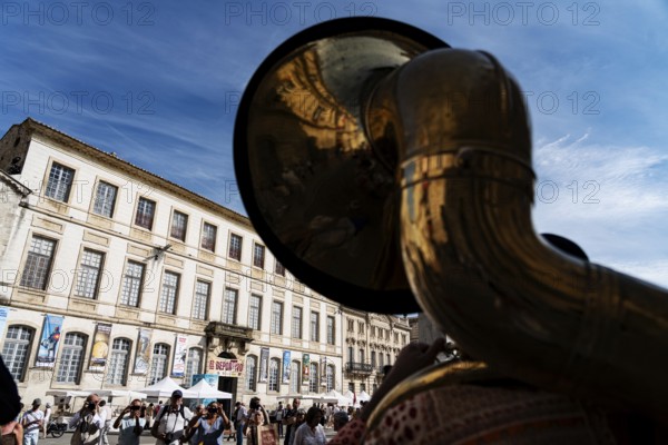 Sousaphone, wind instrument by Kapelle, Place de la Republique, Festival du Riz, Arles, France