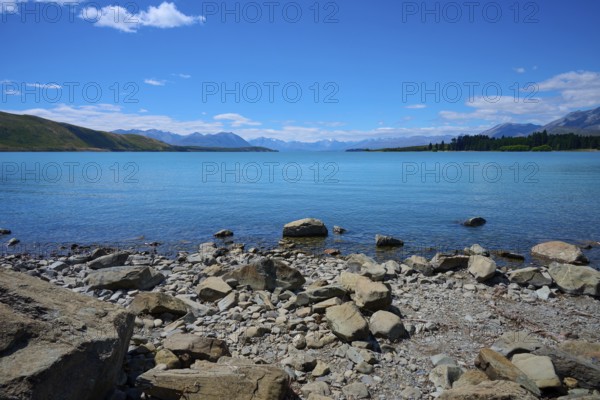 Clear water gently washes against rocky shoreline surrounded by high mountains under bright blue skies, Lake Tekapo, Tekapo, Canterbury, South Island, New Zealand