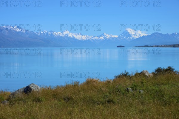 View over grassy shores to mountains across the lake, Lake Pukaki Viewpoint, Pukaki, Canterbury, South Island, New Zealand