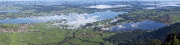 Panorama from Tegelberg, 1881m, on Schwangau, Waltenhofen, Hopfensee, Forggensee and Bannwaldsee, Ostallgäu, Bavaria, Germany