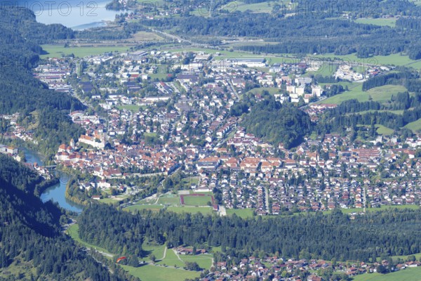Panorama from Tegelberg, 1881m, on Füssen with historic old town, the Lech and behind it the Weissensee, Ostallgäu, Allgäu, Bavaria, Germany