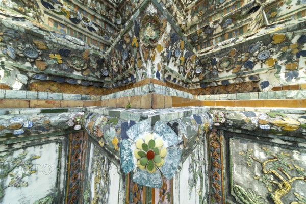 Central Prang of Wat Arun, decorated with colorful ceramic and porcelain ornaments, Thonburi, Bangkok, Thailand