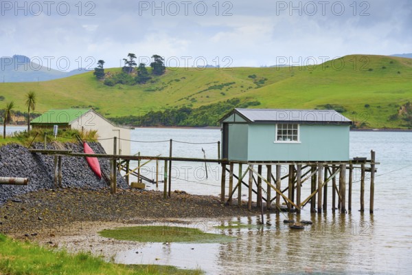 Landscape with a hut on a jetty next to a green hill, Broad Bay, Dunedin, Otago, South Island, New Zealand