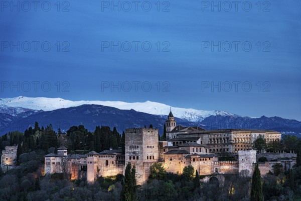 View at dusk of Alhambra, Granada, Andalucia, Spain