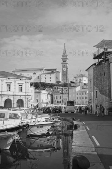 Marina and old town of Piran, black and white photo, Adriatic, Mediterranean, Piran, Istria, Slovenia