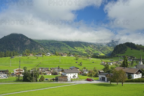 View of the village of Embach in the province of Salzburg and the surrounding alpine landscape, Embach, Austria