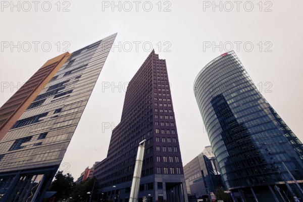 Warm tone and strong perspective of the distinctive skyscrapers on Potsdamer Platz, at Potsdamer Platz in 10785 Berlin, Germany