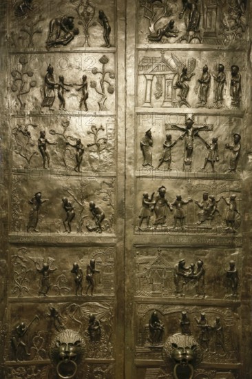 Bernward Door or Bernward Door, Hildesheim Cathedral or High Cathedral Church of St. Mary's Ascension in pre-Romanesque style, Cathedral of the Roman Catholic Diocese of Hildesheim, UNESCO World Heritage Site, Hildesheim, Lower Saxony, Germany